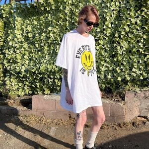 White Oversized Graphic T-Shirt Dress w Melting Smiley Face “Everything is Fine”